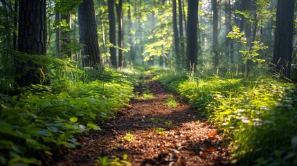 Poster - A forest path with a lot of trees and grass