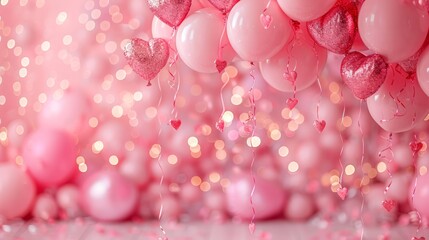 Poster - Pink balloons with hearts hanging from the ceiling