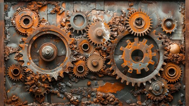 Abstract found object art with metal scraps, gears, and industrial elements, modern and innovative, 2k