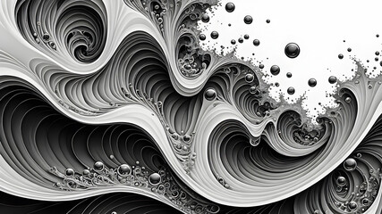 Wall Mural - abstract fractal background. black and white waves with bubbles. wallpaper	