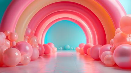 Poster - A pink and yellow archway with many pink balloons