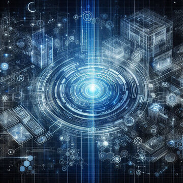 a digital art of a human head with a blue circle around it.