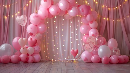 Wall Mural - A pink archway with pink balloons and hearts