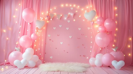Poster - A pink and white room with a pink curtain and pink balloons