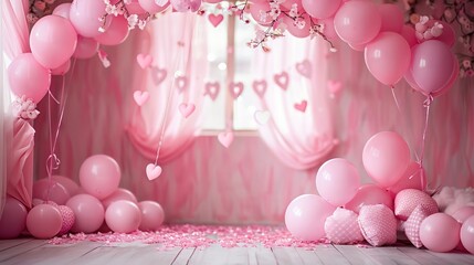 Poster - A pink room with pink balloons and pink curtains