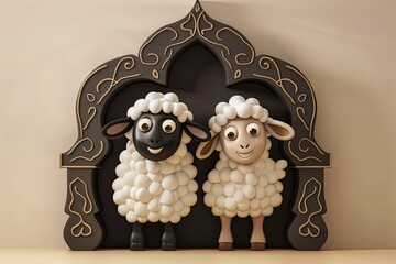 Wall Mural - Cartoon Sheep Smiling Standing With Goats Animal And Black Islamic Prayer Niche Art 