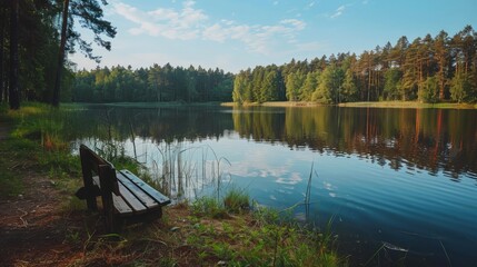 Aufkleber - A bench is sitting on a dock by a lake