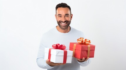 Father smiling and holding a gift from his children, showcasing the happiness of receiving Isolated white background, copy space