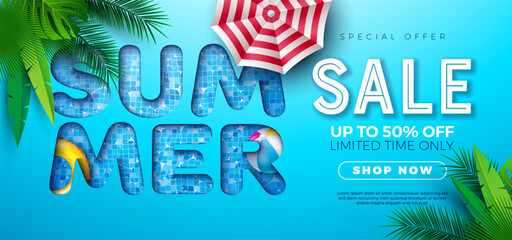 Wall Mural - Summer Sale Poster Design Template with Exotic Palm Leaves and Beach Holiday Elements on Pool Background. Tropical Floral Vector Illustration with Special Offer Typography for Coupon, Voucher, Banner