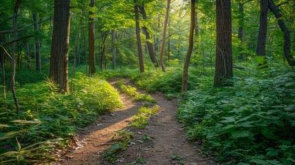 Poster - A path through a forest with sunlight shining through the trees