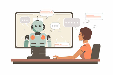 AI technology concept. People and artificial intelligence robots communication  Human using text and image chatbots for business help. Flat graphic vector illustration isolated on white background