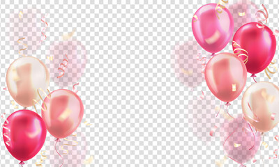 Wall Mural - Template of background with 3d colorful pink realistic balloons with confetti ribbons frame isolated on transparent background. Invitation banner for celebration, sale, opening, wedding, holiday, 