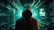 © Suchanon - Mysterious figure in a hood facing a vast digital network with neon lights and cityscape in the background, symbolizing cybersecurity or hacking.