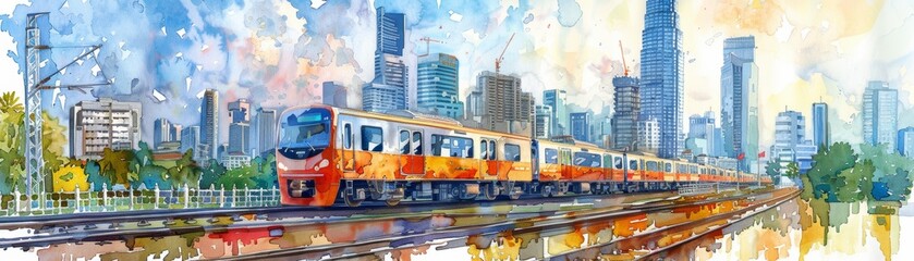 A colorful train travels through a city skyline.