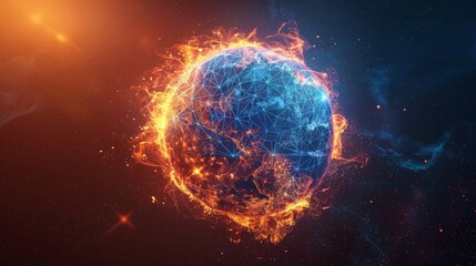 Canvas Print - Fiery Earth Globe Low Poly Design with Geometric Background and Modern Wireframe Structure - 3D Vector Illustration