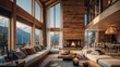 © Tahir - Luxury wooden chalet with fireplace. Interior design of modern living room with mountain view.
