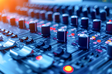 Sound mixer audio mixer console board panel recording in professional audio studio.