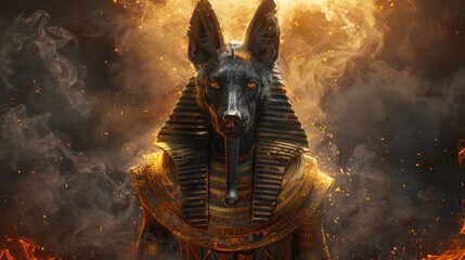 Wall Mural - Dark abstract Egyptian background with smoke, sparks from lights, rays of light, and Anubis of ancient Egypt (God of Death).