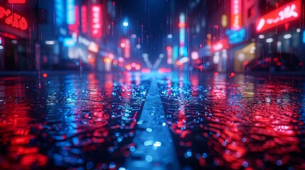 Wall Mural - Wet asphalt and a dark street. City view at night with reflections of neon lights, water reflecting the glare of the road. Dark street background.