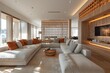 © Aliaksandra - modern geometric decor, geometric shapes and patterns on wooden paneling modernize the bright interior, infusing it with a contemporary vibe