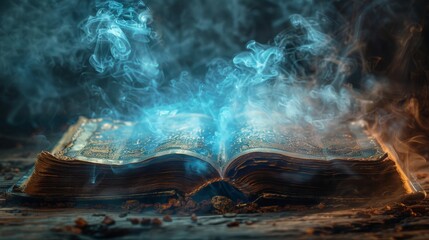 A magic old book on a dark background is surrounded by smoke, fog, and neon lights at night.