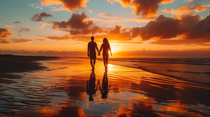 Silhouettes of a couple walking on a beach at sunset, holding hands.