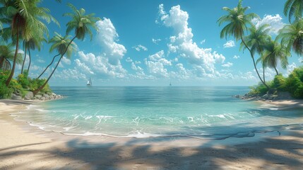 Wall Mural - Sunny beach with tall palm trees, blue waters, horizon. Fantasy seascape with palm trees, sand, blue sky. Relaxing vacation on an island. Unreal world.