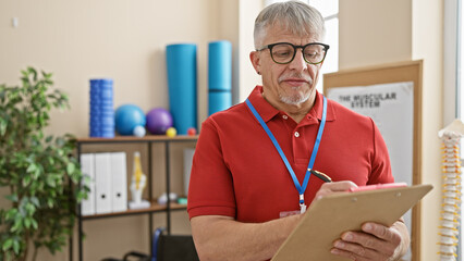 Wall Mural - A middle-aged man with grey hair, wearing glasses and a red shirt, writes on a clipboard in a well-equipped rehab clinic interior.