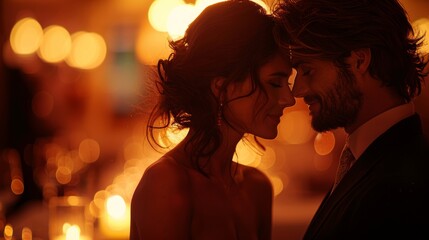 Couple in love in a luxury restaurant, on a date, spending a romantic evening together, bokeh background blurred.