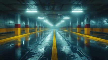 Poster - Concrete tunnel, neon light, garage, underground futuristic tunnel.