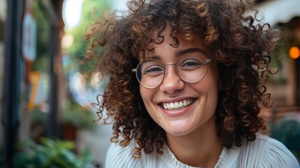 Wall Mural - joyful curlyhaired woman wearing glasses smiling outdoors portrait photography