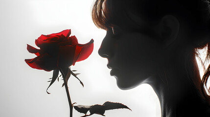 Farewell Embrace: Woman Silhouette Merged with Wilting Rose, Symbolizing the Delicate and Bittersweet Nature of Goodbyes. Emotional and Reflective Concept for Ads.