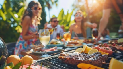 lively barbecue party with diverse group of friends and family enjoying grilled steak and summer fun