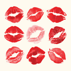 Wall Mural - Vector set of red kisses prints. Red woman lips