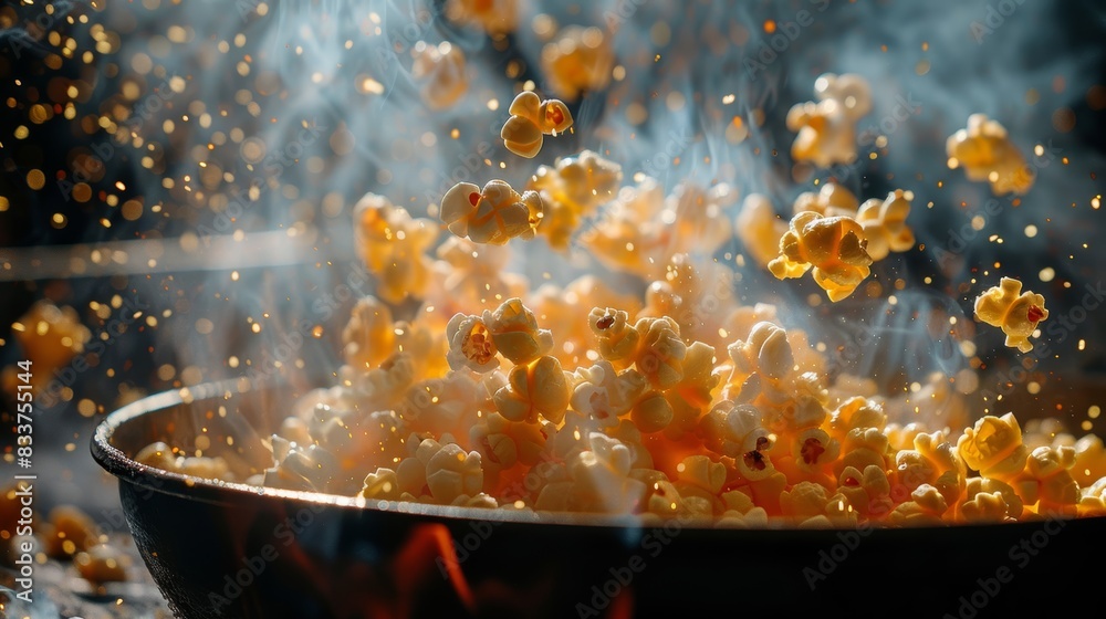 A close-up shot of popping corn kernels in a hot pan, capturing the ...