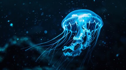 Wall Mural - A bioluminescent jellyfish glowing in the dark ocean, its light creating a magical underwater ambiance.