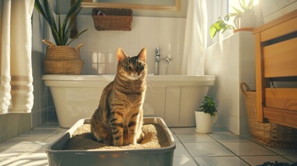 Poster - A cat covering its waste in a well-maintained litter box, with a sunny bathroom creating a bright atmosphere.