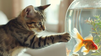 Aufkleber - A cat dipping its paw into a fish tank, trying to catch a goldfish. The living room setting is bright and modern.