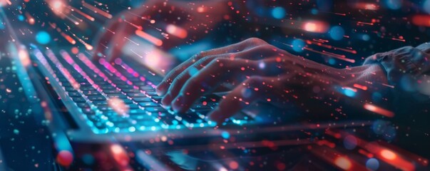 Poster - An entrepreneur using a computer hand close-up in a futuristic cyber world with decentralized finance AI chatbots and digital world technology in the background.