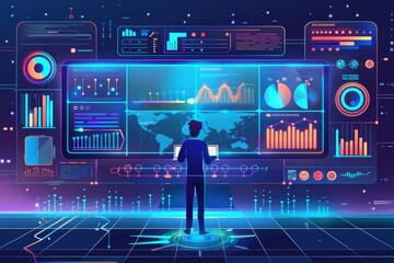 Poster - businessman or data scientist working on laptop with business dashboard analytics chart metrics kpi 