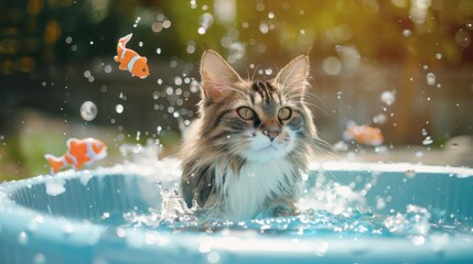 Poster - A cat splashing in a shallow kiddie pool with fish toys floating around, having a playful time.