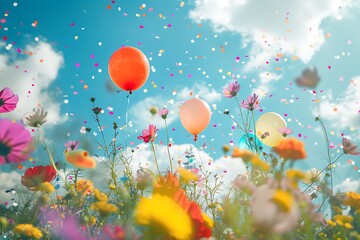 Wall Mural - Whimsical spring scenes with colorful balloons and confetti, set against a backdrop of blooming flowers and sunny skies.