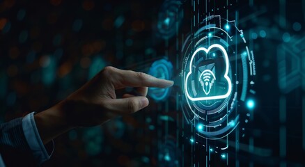 Poster - Hand-touching infographics depicting cloud computing and technology icons. Cloud technology is used for archival, securing and distributing lifestyle and confidential information such as Internet