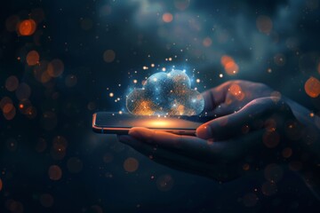 Poster - Businessman uses mobile phone with virtual cloud computing to transfer data and download applications. Technology transformation concept.