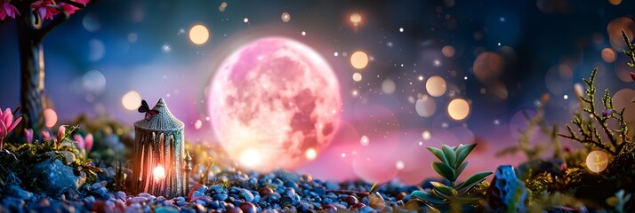 Wall Mural - a colorful scene with a lantern and a full moon in the background