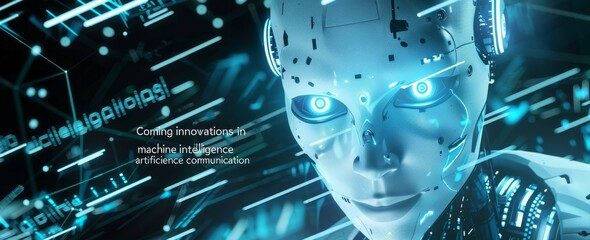 Poster - Artificial intelligence robot face close-up in future digital technology. Future AI artificial intelligence technology chatbot assistance.