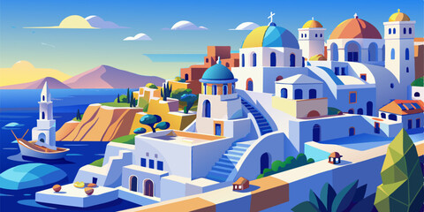 Wall Mural - beautiful santorini greece panoramic background, travel holliday summer wallpaper, 3d render, 3d illustration