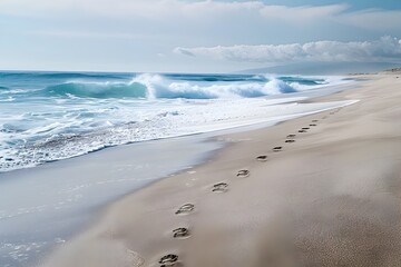 Wall Mural - Crashing Waves and Peaceful Footprints on the Serene Beach Landscape