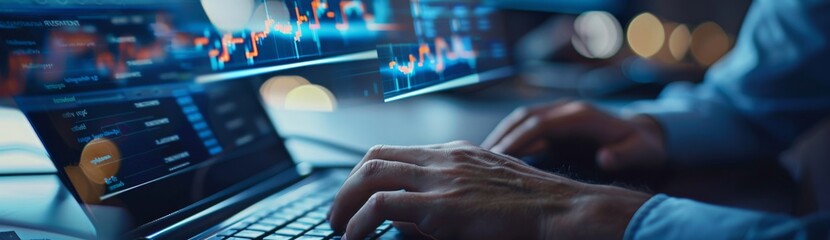 Poster - An algorithm is used to analyze financial data on a futuristic virtual interface using a laptop, as well as global business development, strategy, and planning, as well as digital technology.