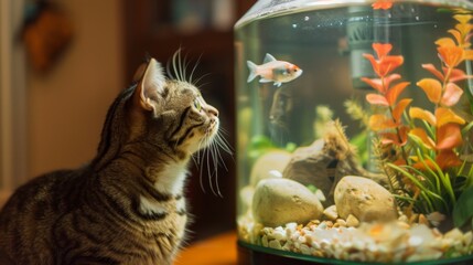 Wall Mural - A fat cat staring intently at a fish tank, its nose almost touching the glass. The background is a cozy living room.